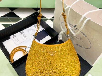 Replica Prada 1BC169 Prada Cleo satin bag with appliqués Gold Yellow