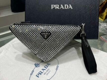 Replica Prada 1NE039 Crystal-studded satin pouch Black