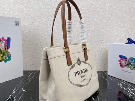 Replica Prada 1BG356 Small linen blend and leather tote Beige