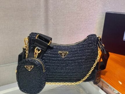 Replica Prada 1BH204 Prada Re-Edition 2005 Raffia Bag in Black