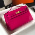 Replica Hermes Mini Kelly Pouchette Crocodile Leather H230236 Rose Red