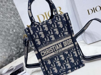 Replica Dior S5555 Mini Dior Book Tote Phone Bag Blue Dior Oblique Embroidery