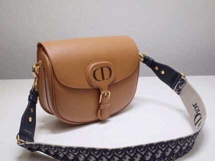 Replica Dior M9320 Large Bobby Bag Tan Box Calfskin with Blue Oblique Strap