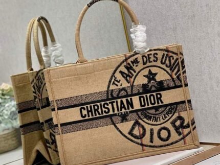 Replica Dior M1296 Medium Book Tote Beige jute fabric with Union motif embroidery