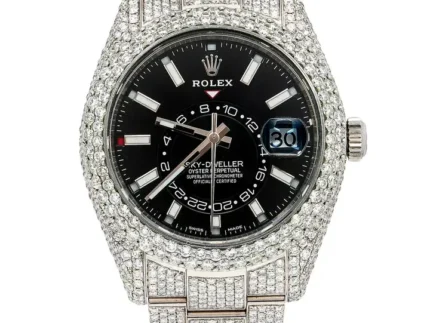 ROLEX SKY DWELLER 42MM 326933 SILVER BLACK DIAL FULLY ICED OUT DIAMOND OYSTER BRACELET