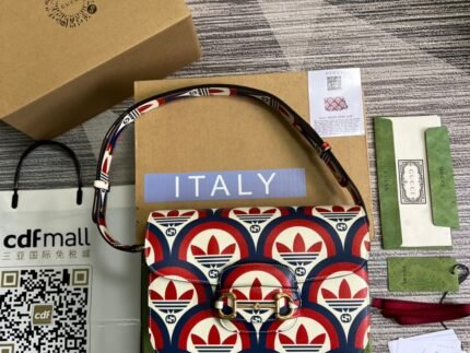 Gucci x Adidas Horsebit 1955 Shoulder Bag Blue/Red For Women, Women’s Bags 9.8in/25cm GG 602204 UVG0G 4168