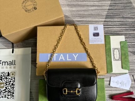 Gucci Horsebit 1955 Lizard Mini Bag Black For Women, Women’s Bags 8in/20cm GG