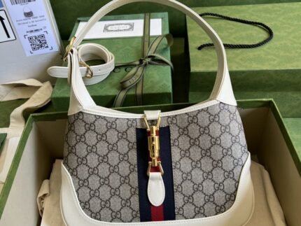 Gucci Jackie 1961 Small Shoulder Bag Beige And Ebony GG Supreme Canvas For Women 11in/28cm 636706 HUHHG 9794